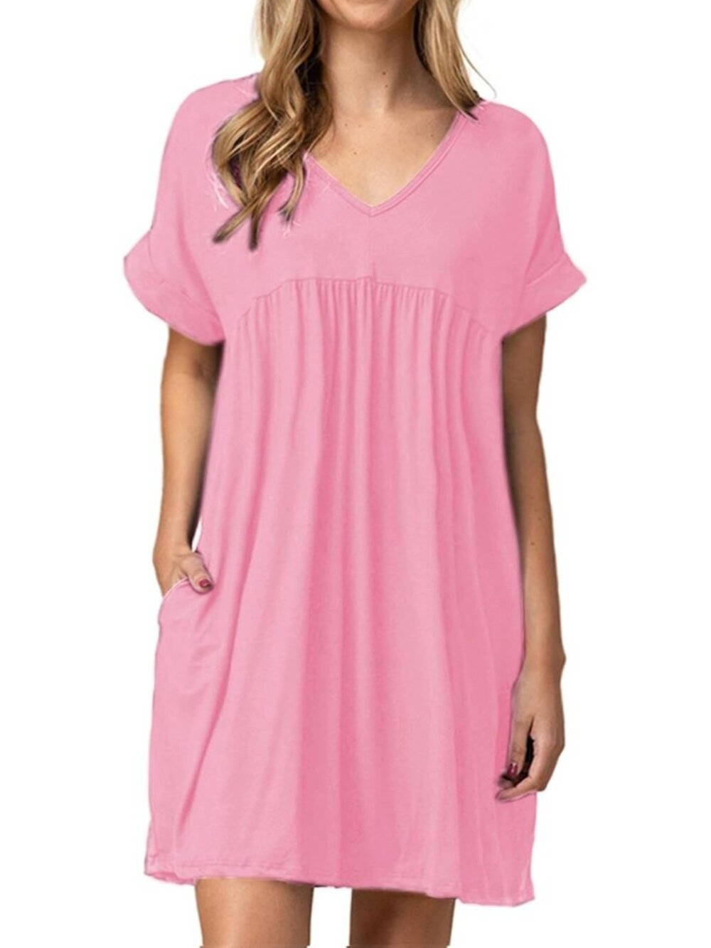 Women's Pink Summer Tshirt Dress Babydoll Casual Mini Tunic Ruched Flowy Dress